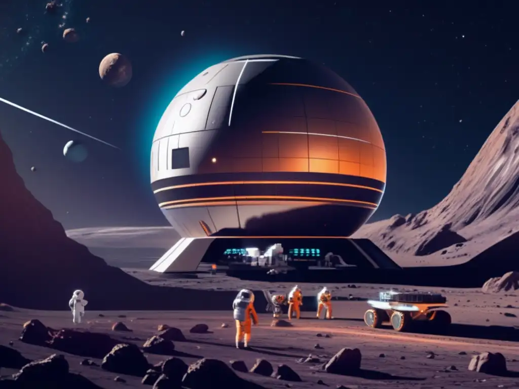 Estación espacial futurista orbitando asteroide Futurista estación espacial orbita asteroide enorme, astronautas investigan con tecnología avanzada