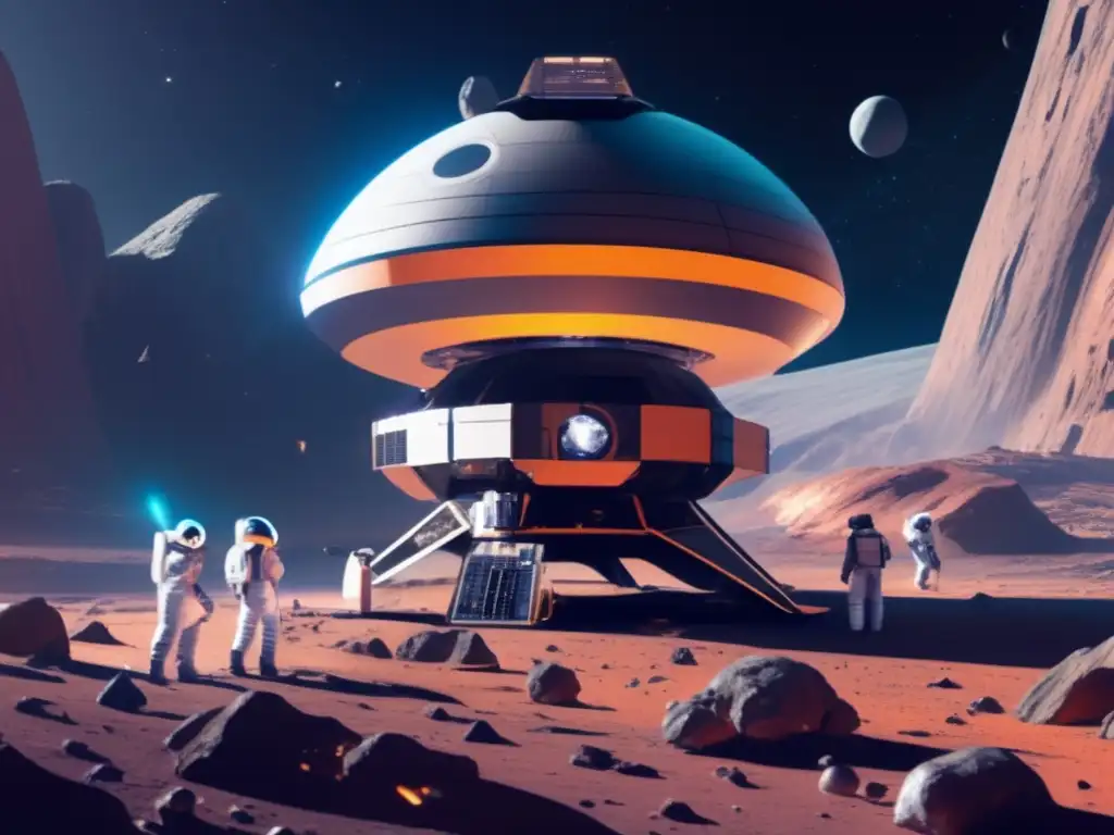 Futurista estación espacial orbitando asteroide con minería de asteroides y geopolítica