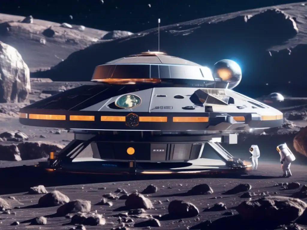 Estación espacial futurista en asteroide Futurista estación espacial orbita asteroide, mineros cósmicos usan métodos innovadores en minería