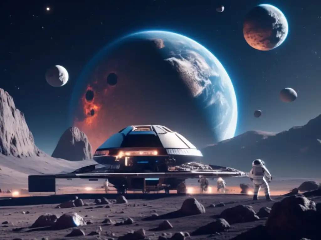 Futurista estación espacial orbitando asteroide, con Tierra en fondo
