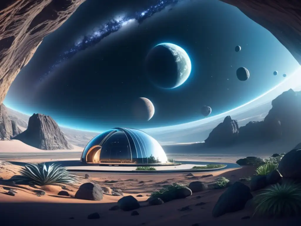 Futuro hábitat espacial en asteroide Futurista hábitat espacial en asteroide con vida vegetal: Exploración y explotación de asteroides