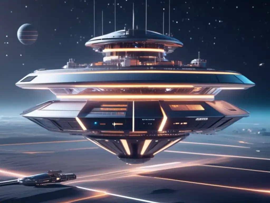 Tecnología láser defensa asteroides: Futurista estación espacial con láseres, asteroides y tecnología avanzada