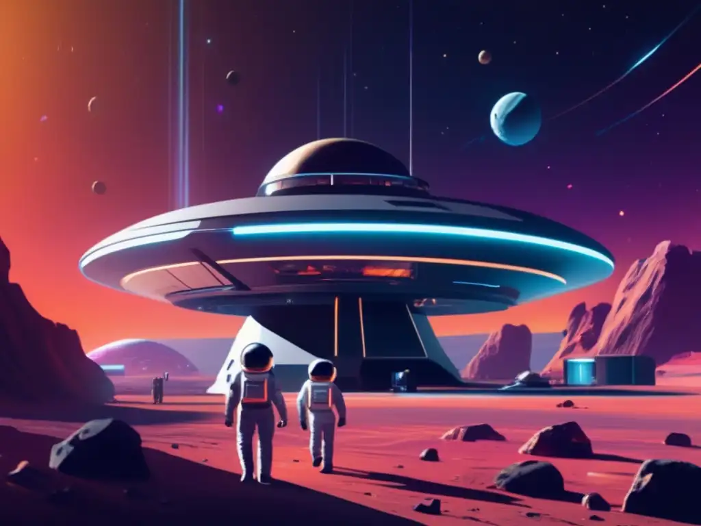 Estación espacial futurista en asteroide Futurista estación espacial y astronautas en operación de extracción de recursos de asteroides