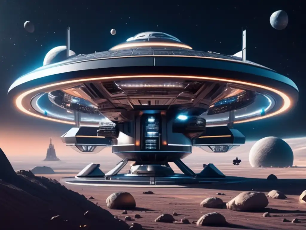 Futurista estación espacial con defensa de gravedad contra asteroides