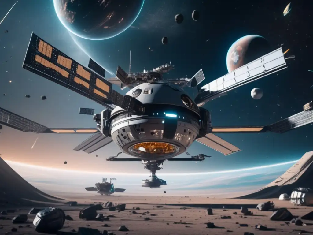 AstroReciclaje: Estación espacial futurista y reciclaje de desechos Futurista estación espacial reciclando desperdicios espaciales para recursos: AstroReciclaje