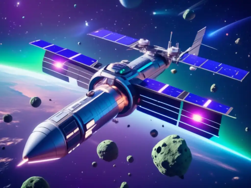 Futurista estación espacial rodeada de asteroides Futurista estación espacial flotando en el espacio rodeada de asteroides ricos en materiales valiosos