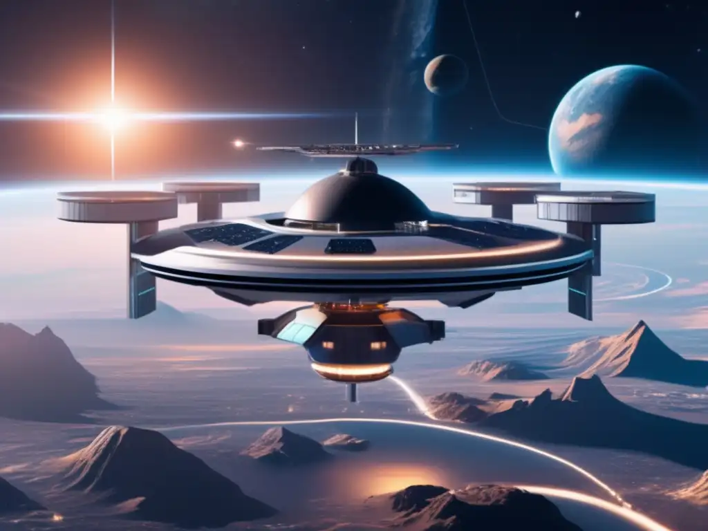 Futurista estación espacial en el espacio rodeada de panorama celestial, muestra avances en exploración espacial y la belleza del cosmos