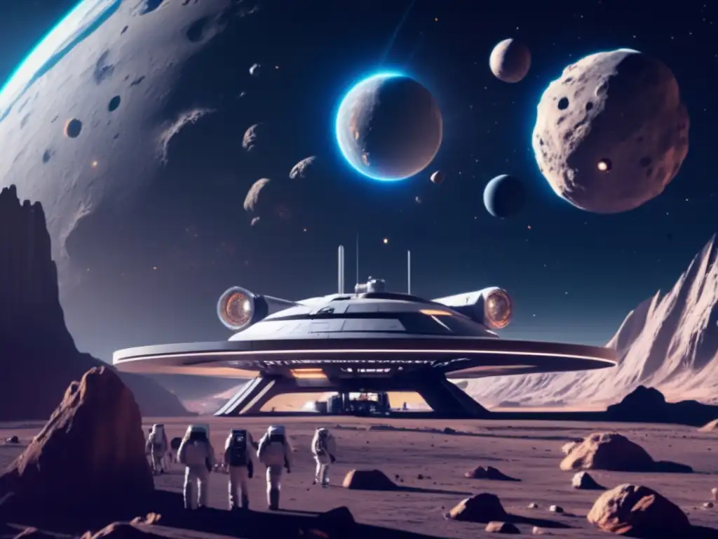 Estación espacial futurista orbitando asteroide Futurista estación espacial en órbita de asteroide, defensa avanzada, astronautas, amenaza espacial