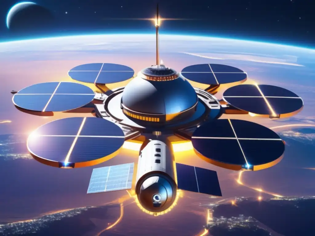 Estación espacial futurista con paneles solares Futurista estación espacial en órbita terrestre con arquitectura moderna y paneles solares capturando energía solar para transmitir a la Tierra