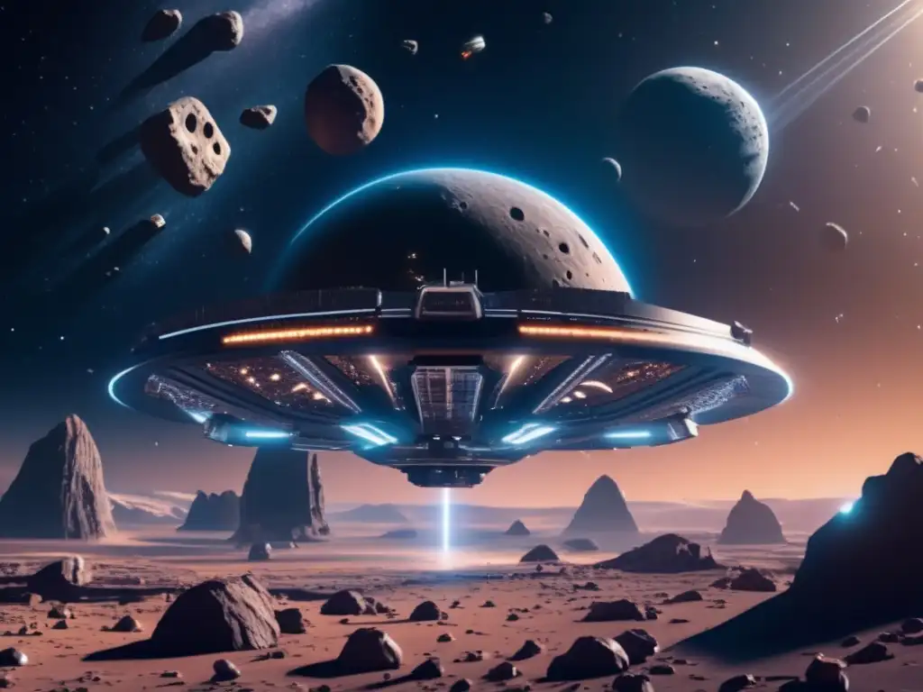 Estación espacial futurista entre asteroides Futurista estación espacial rodeada de asteroides colosales