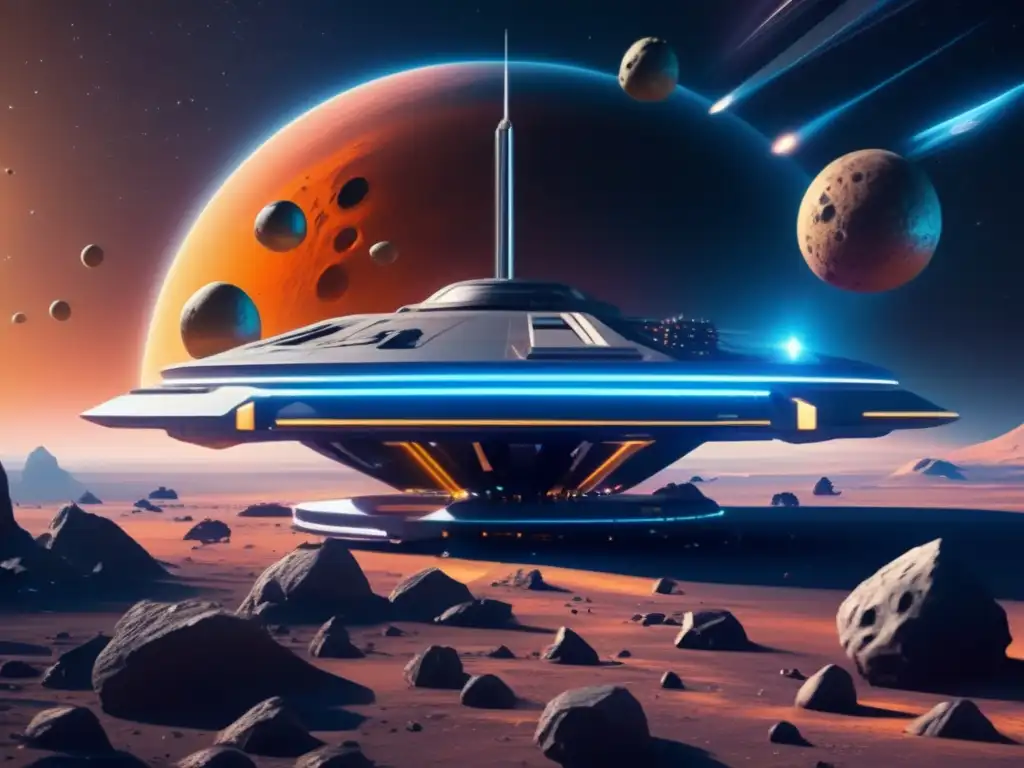 Futurista estación espacial rodeada de asteroides metálicos reflejando la luz de las estrellas