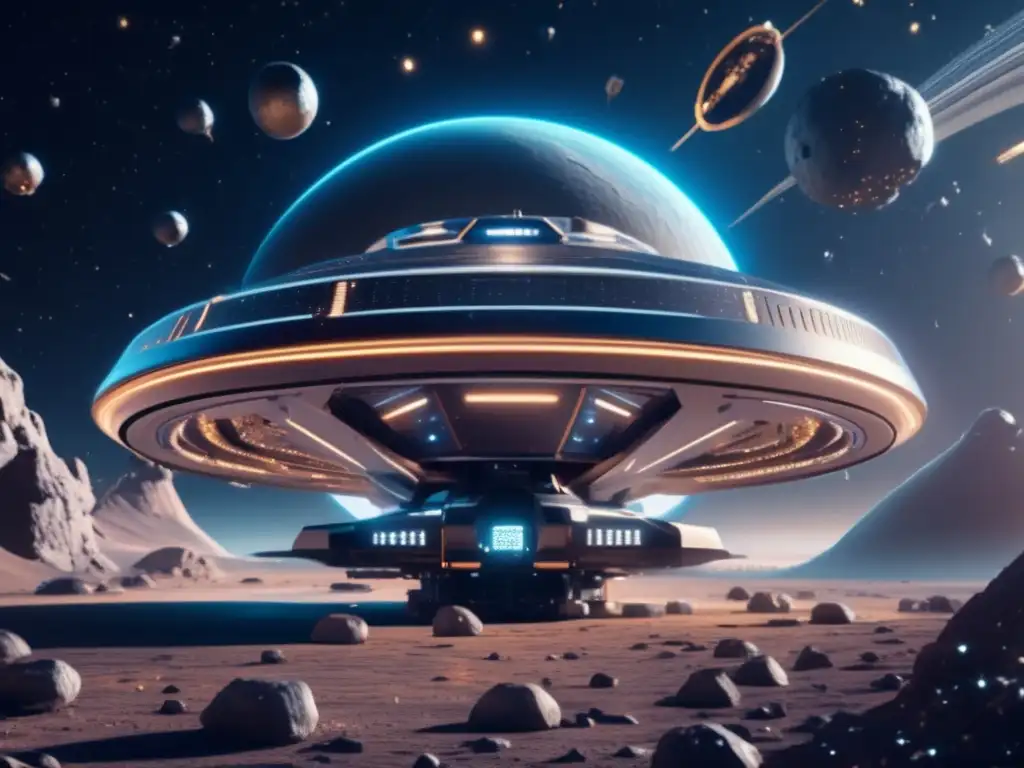 Futurista estación espacial rodeada de asteroides metálicos brillantes