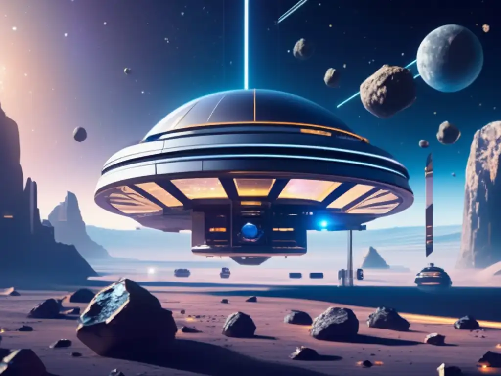 Estación espacial futurista en el espacio Futurista estación espacial rodeada de asteroides: Legislación internacional propiedad asteroides