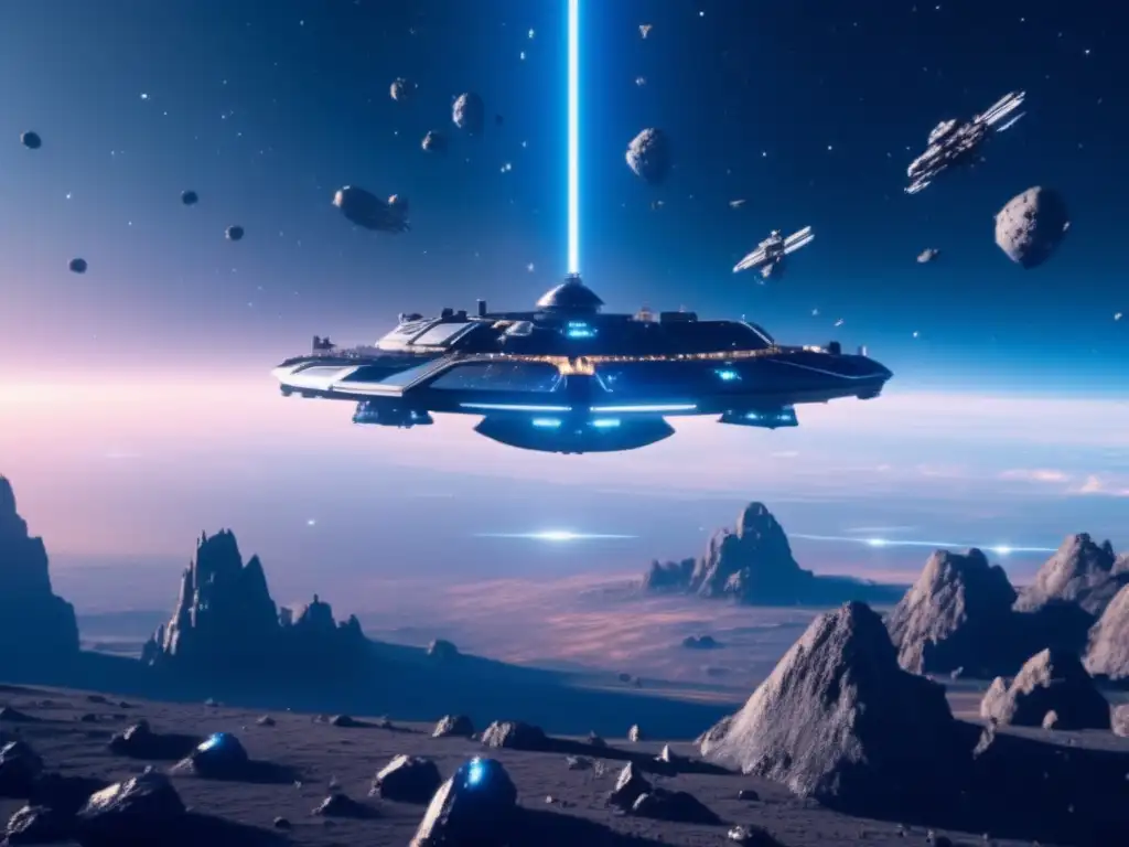 Futurista estación espacial rodeada de fragmentos metálicos de asteroides