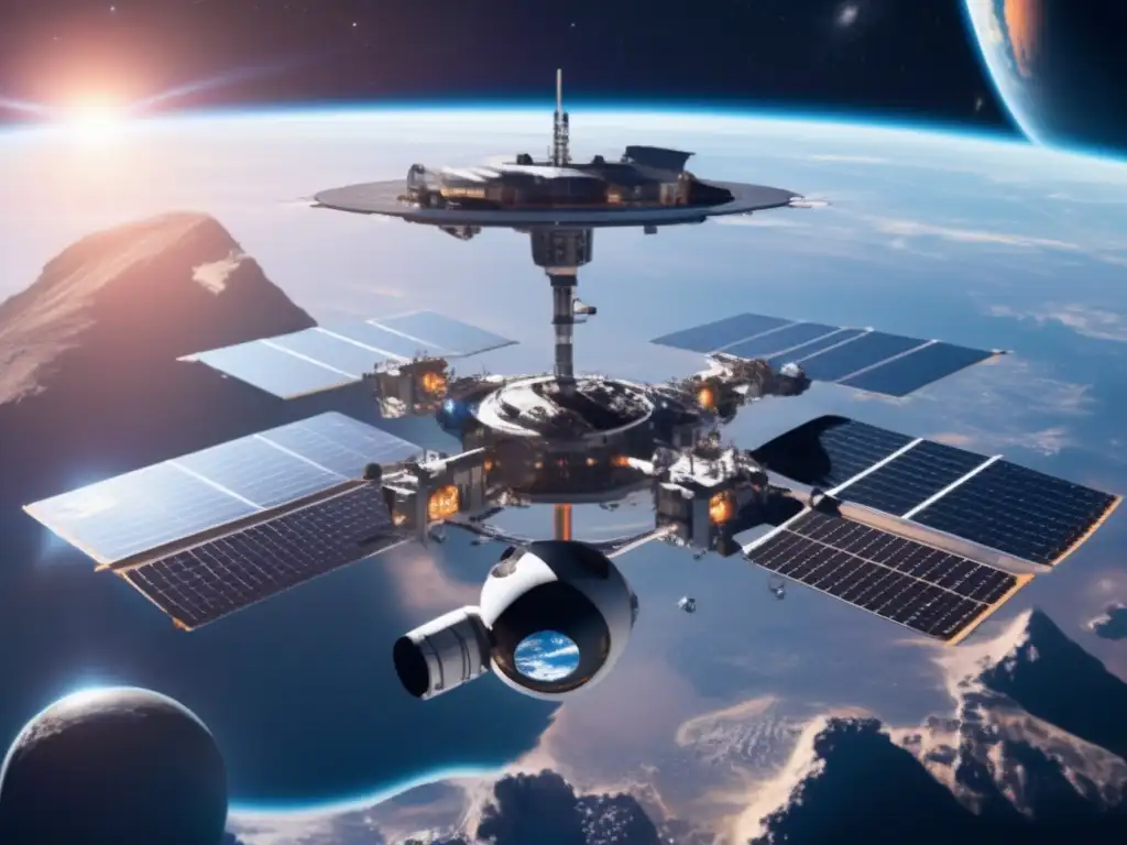 Estación espacial futurista y asteroides Futurista estación espacial orbita la Tierra, rodeada de asteroides, simbolizando la necesidad de tratados internacionales sobre asteroides