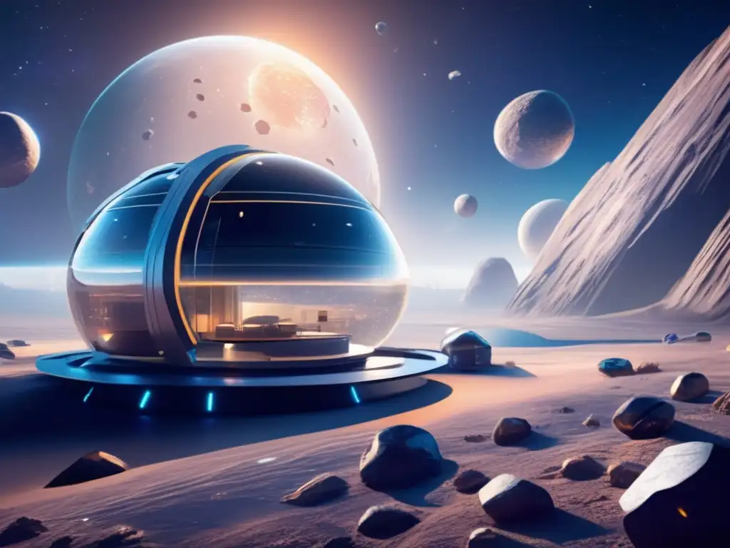 Hábitat asteroidal futurista flotando en el espacio con medidas de seguridad