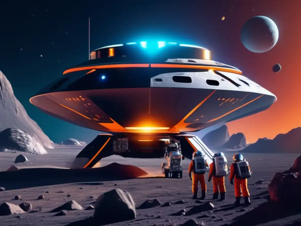 Nave espacial futurista en asteroide con exploradores Futurista nave espacial en asteroide: tecnologías emergentes cosechando metales celestiales