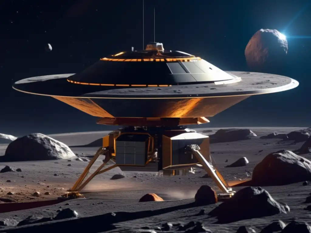 Sonda espacial futurista desviando asteroide Futurista sonda espacial desviando asteroides para proteger: impresionante imagen con tecnología avanzada, superficie rocosa y vasto espacio estelar
