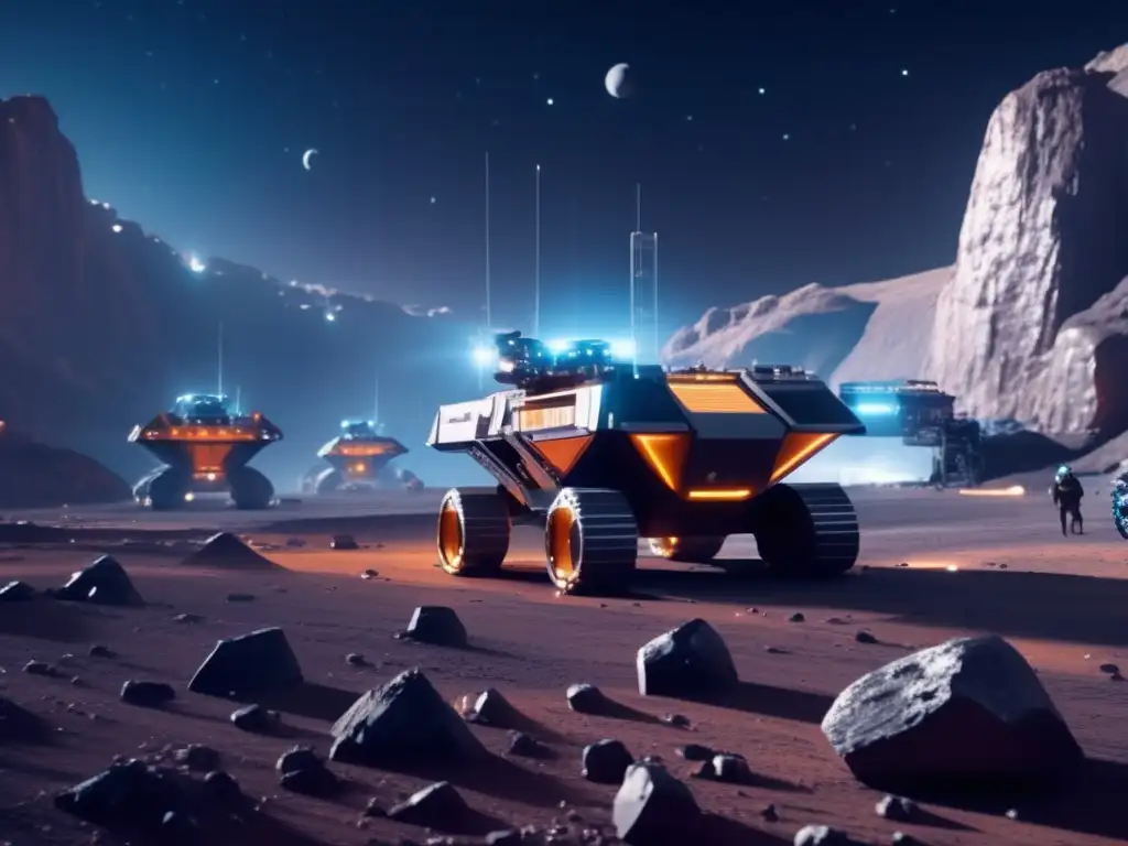 Futuro minero espacial en asteroide Futuro minería asteroides economía: Imagen 8k detallada de mina espacial en asteroide con tecnología avanzada y actividad frenética