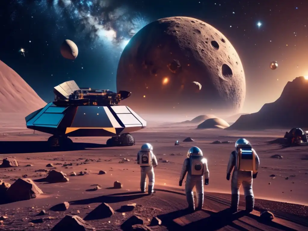Sorprendente imagen 8k del espacio con asteroides y astronautas trabajando Futuro explotación asteroides farmacéutica, equipo astronautas, minería espacial, recursos celestiales