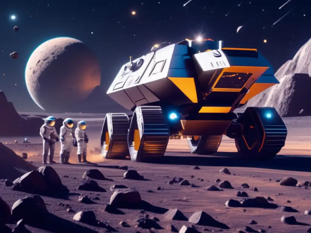 Futuro minero espacial en asteroide Futuro explotación asteroides farmacéutica: mineros espaciales extraen minerales valiosos en un asteroide con avanzada tecnología y maquinaria