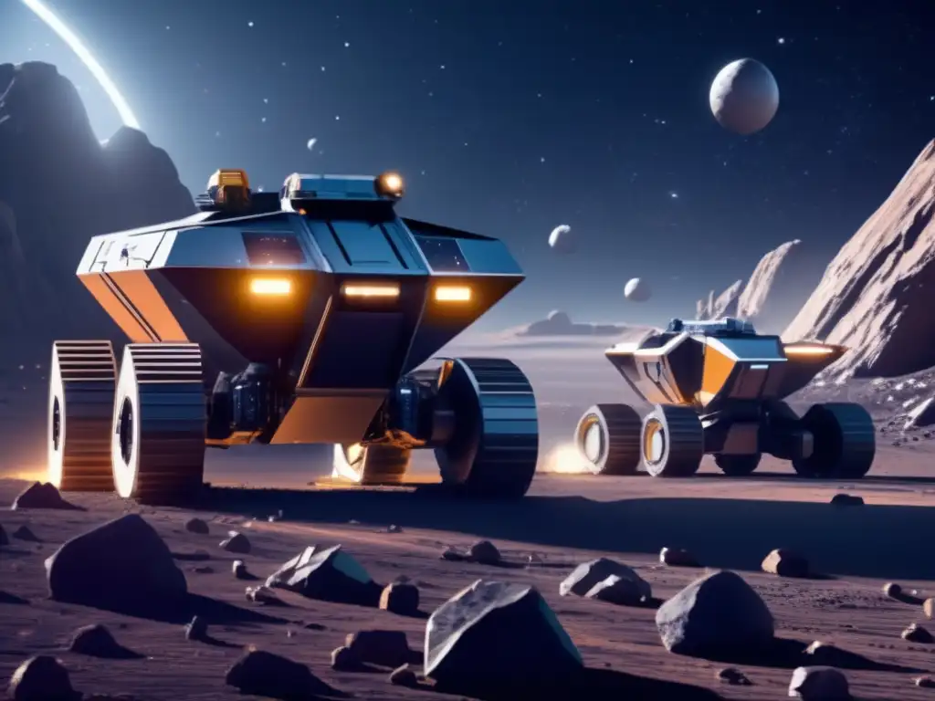 Minería espacial futurista en asteroide Futuro explotación asteroides farmacéutica con tecnología avanzada y maquinaria, drones mineros extraen minerales valiosos en el espacio