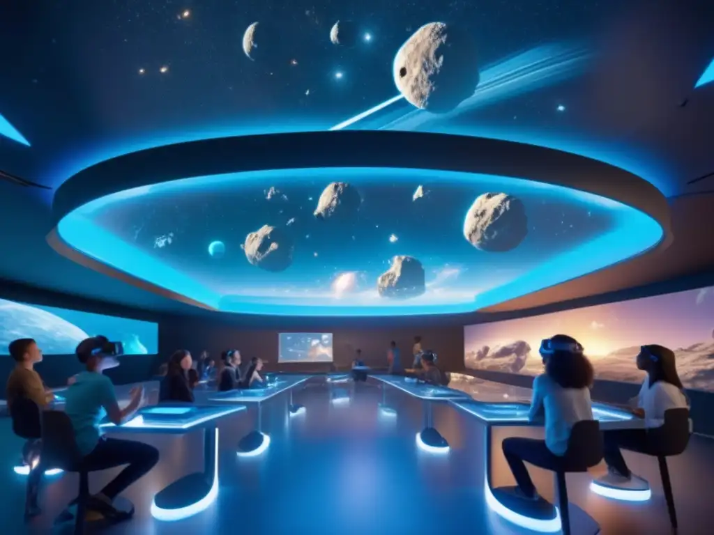 Aula futurista con hologramas y realidad virtual Futuro aula con hologramas y estudiantes usando auriculares de realidad virtual para aprender sobre asteroides