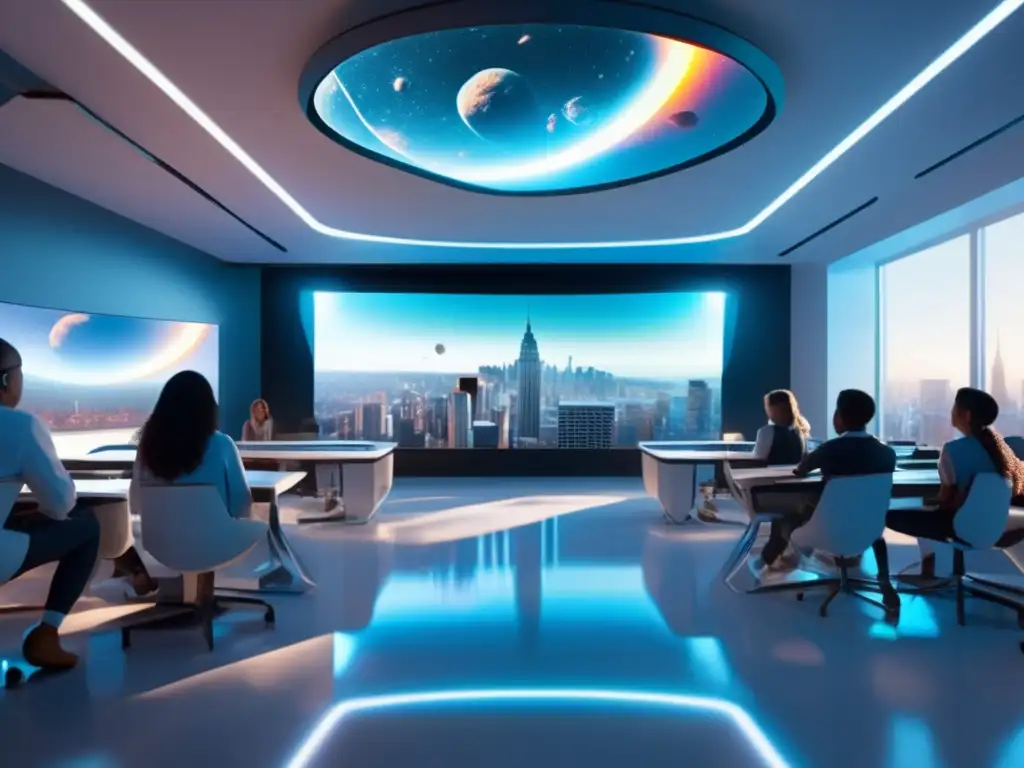 Aula futurista con proyector holográfico y estudiantes interactuando Futuro aula con proyector holográfico y estudiantes interactuando con asteroide virtual