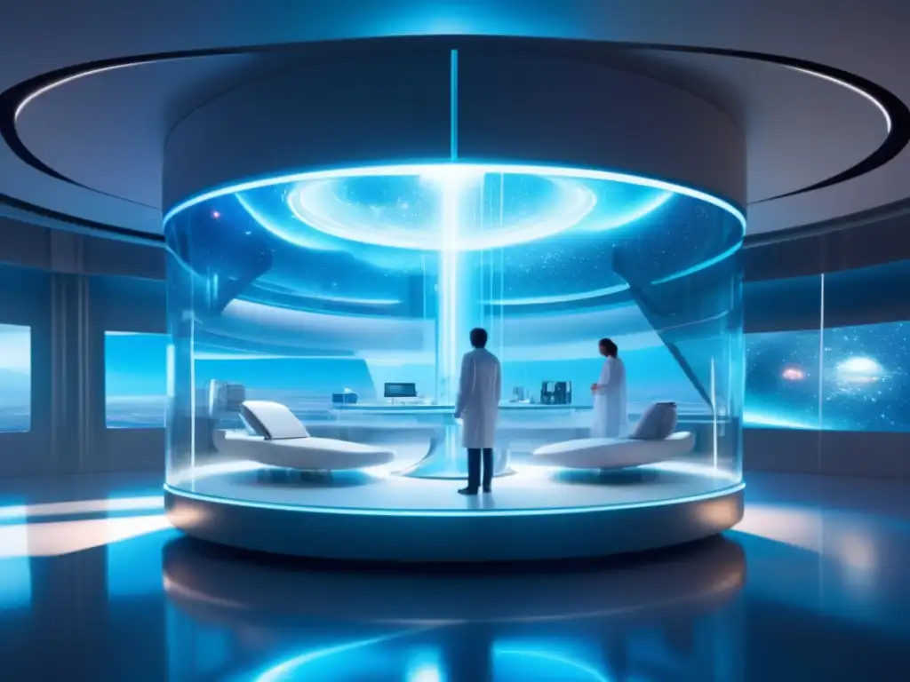 Futuro hospital con tanque de asteroides Futuro centro médico con beneficios terapéuticos de los asteroides
