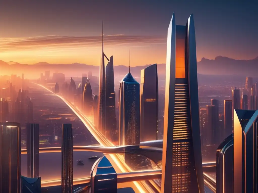 Ciudad futurista al atardecer con asteroides Futuro de la economía global con asteroides troyanos