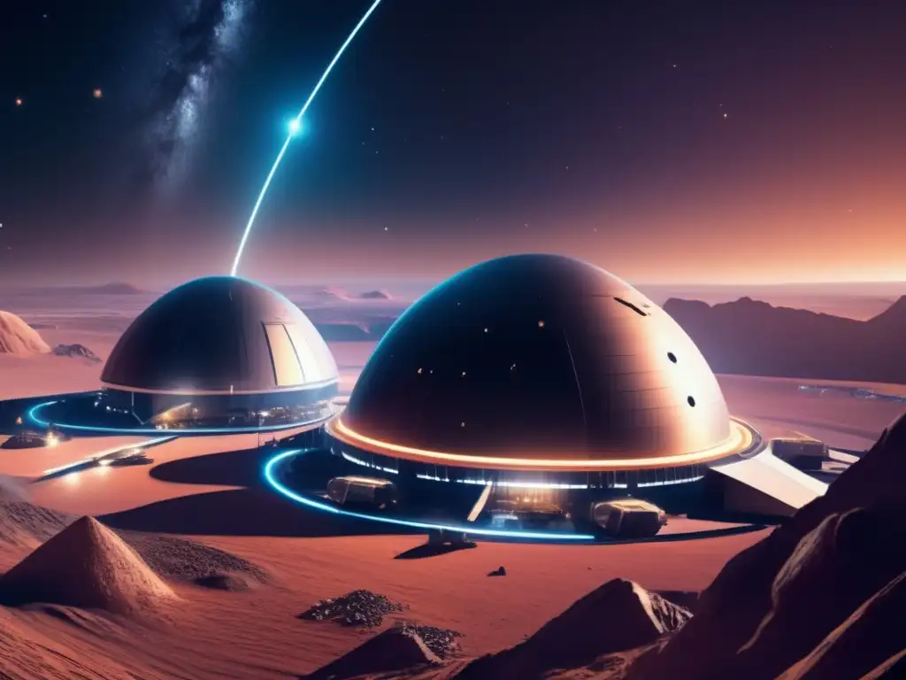 Futuro complejo minero espacial en asteroides Futuro de la economía global: Imagen de mina espacial en asteroides troyanos (110 caracteres)