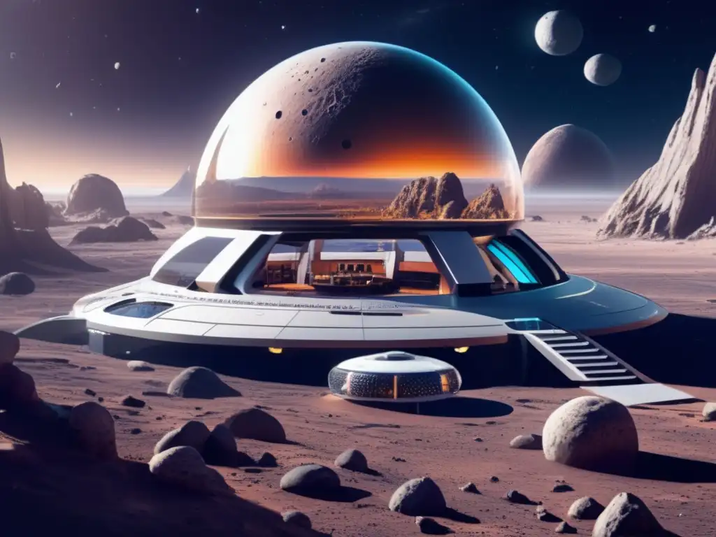 Futuro hábitat espacial en asteroide, con arquitectura avanzada y vegetación exuberante