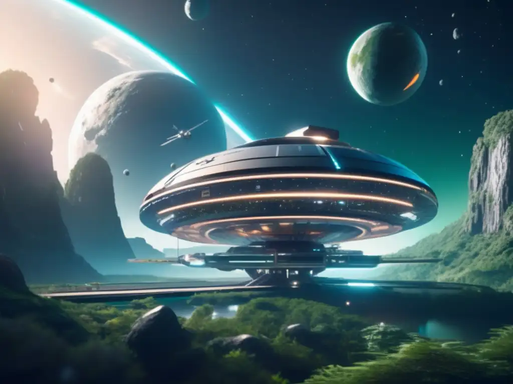 Estación espacial futurista en asteroide Futuro espacial: estación espacial futurista orbitando asteroide con paisaje terraformado