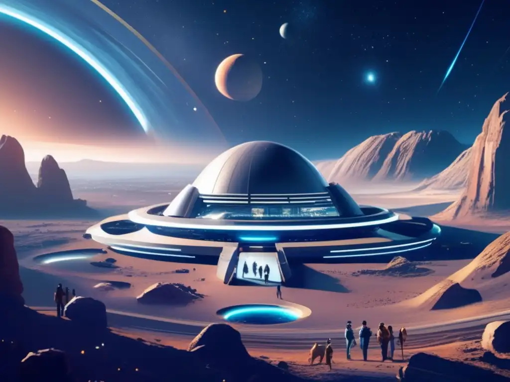 Futuro espacio colonia en asteroide: colonización ética de asteroides con arquitectura moderna, naturaleza integrada y vasto cosmos