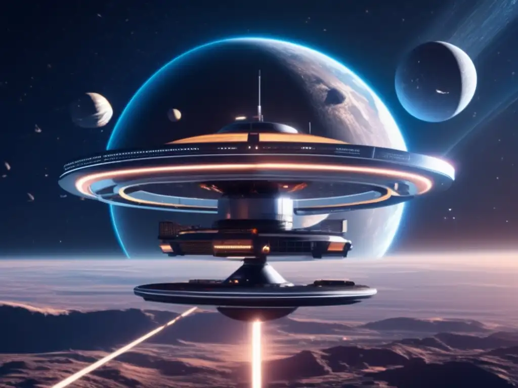 Estación espacial futurista y asteroides Futuro espacio estación con escudos contra asteroides