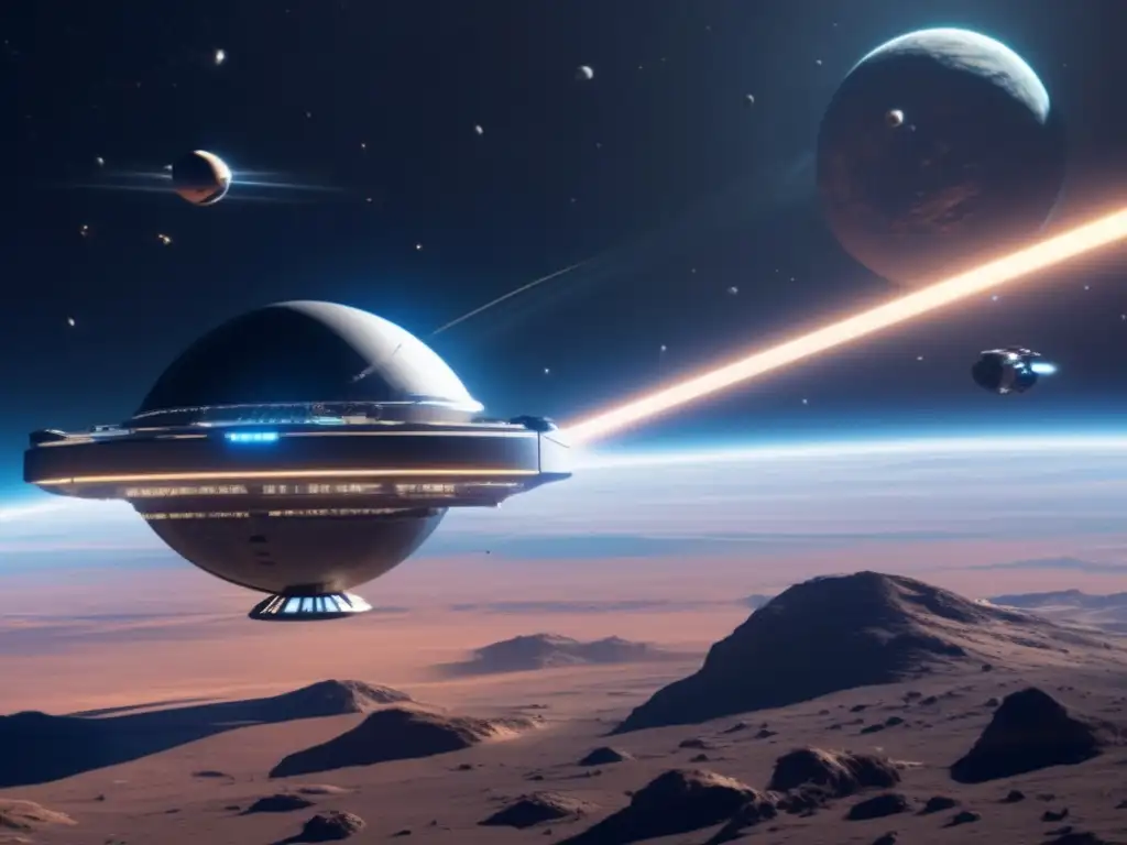 Futurista estación espacial y defensa planetaria Futuro espacio estación flota en espacio; robots desvían asteroide