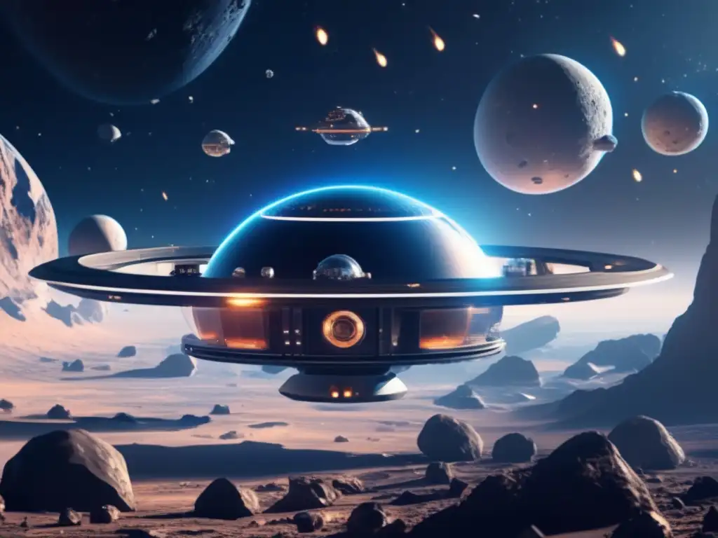 Space station among asteroids Futuro espacio estación entre asteroides: colonización humana de asteroides a largo plazo