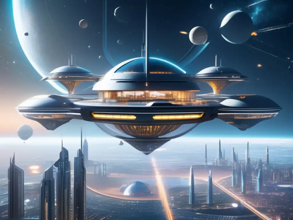Futuro espacio, colonia flotante Futuro espacio colonia, metrópolis en módulos transparentes con naves y científicos