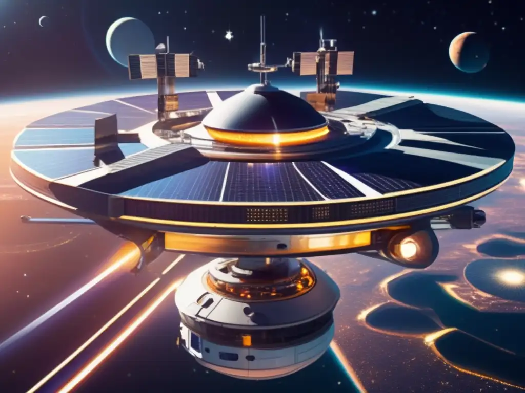 Estación espacial futurista con paneles solares Futuro espacio estación solar: líder en energía solar espacial