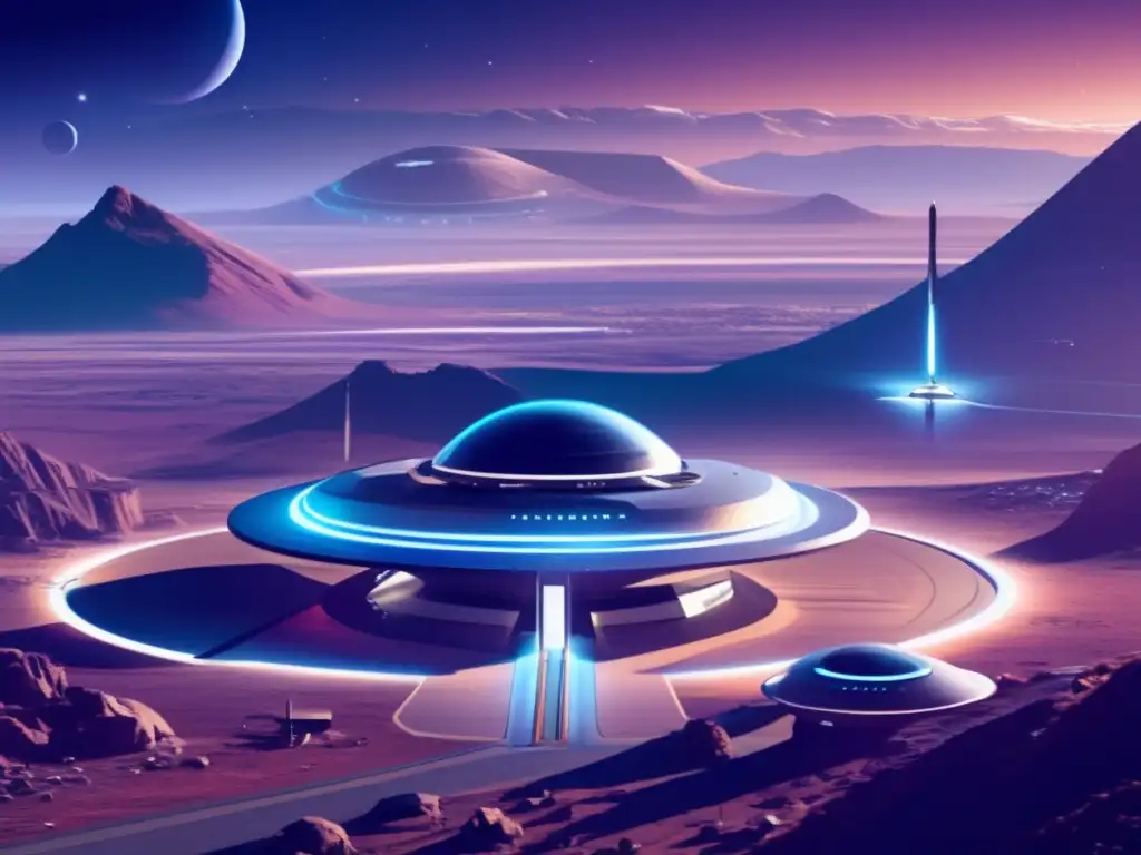 Futuro espacioportuario en planeta remoto Futuro espacioport con arquitectura angular y paisaje estelar