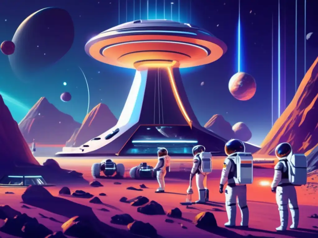 Futuro espacioport en asteroide con exploración y colonización de asteroides