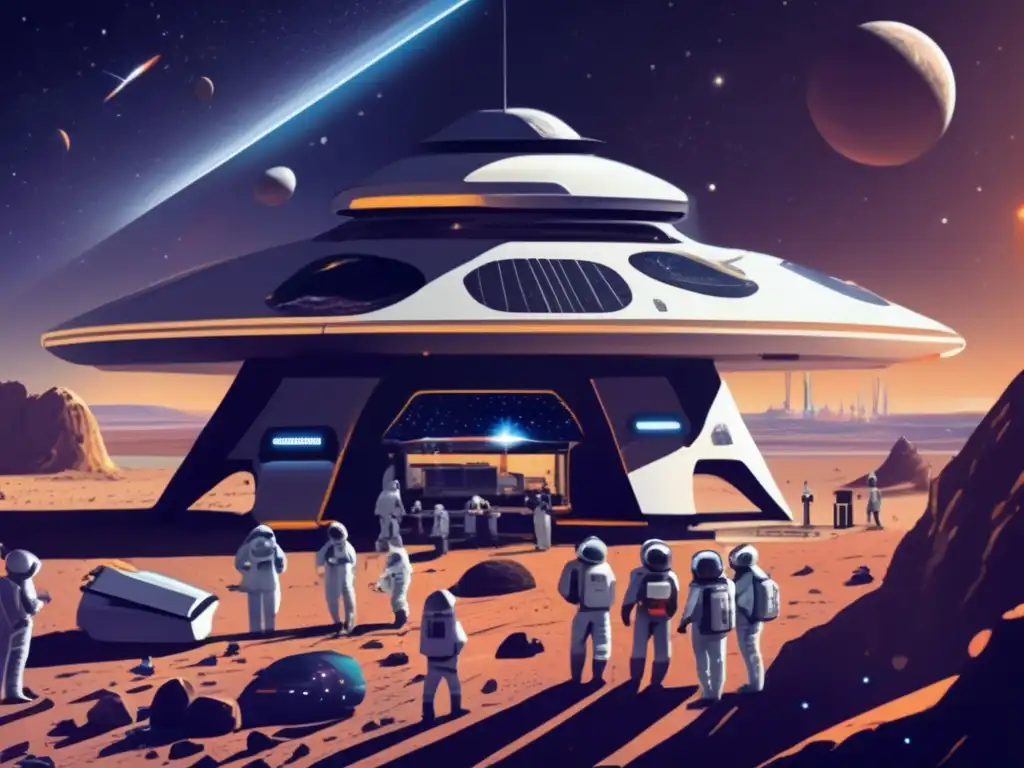 Futuro espacioportuario con científicos y naves espaciales preparándose para expediciones a asteroides
