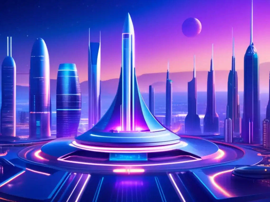 Futuro puerto espacial con naves listas para el lanzamiento Futuro espacioportuario con naves espaciales listas para lanzamiento y ciudad vibrante