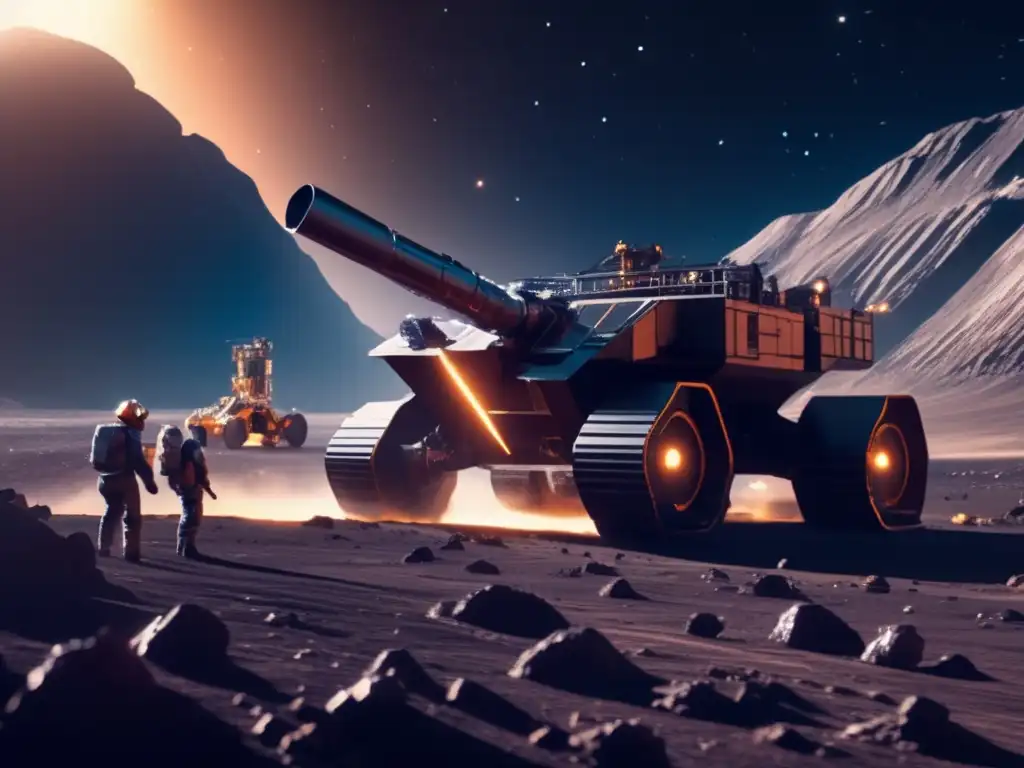Futuro de la minería espacial Futuro de la extracción de recursos de asteroides: Operación minera en un asteroide con avanzada tecnología de extracción y transporte