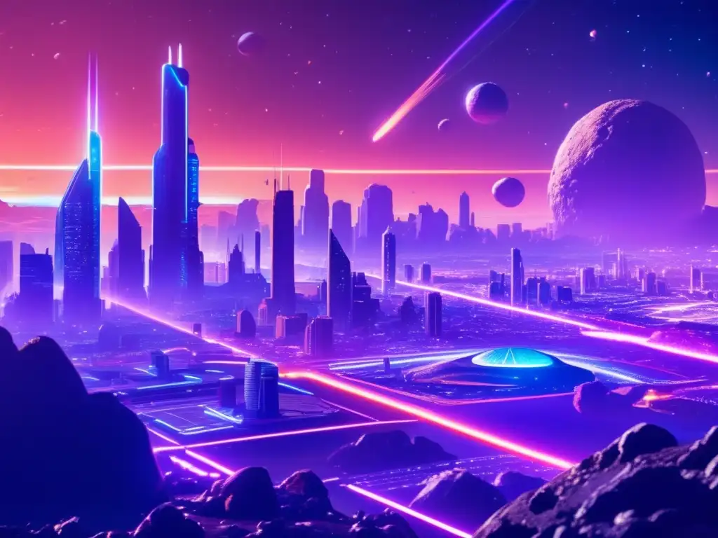 Ciudad futurista en campo de asteroides Futuro impacto de asteroides en videojuegos de ciencia ficción