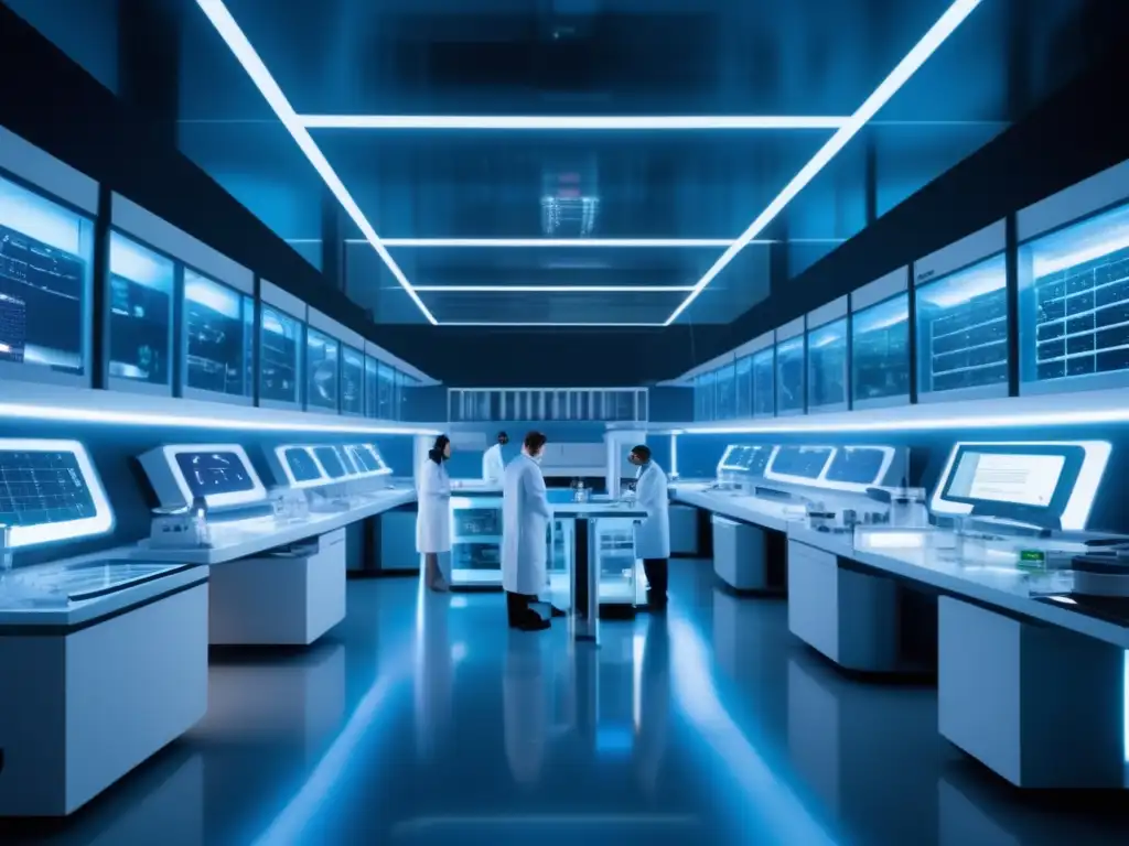 Futuro laboratorio con científicos en batas trabajando y una cámara de contención de asteroides como fuente de vacunas