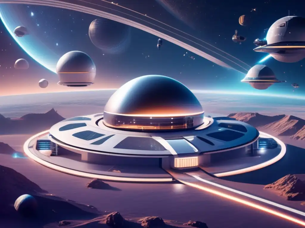 Fábrica espacial futurista en 8k Futuro de la manufactura espacial: Fabricación de alta tecnología en una estructura flotante en el espacio
