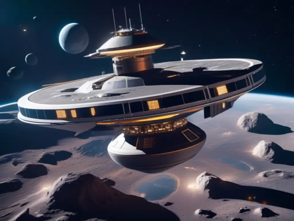 Futurista estación espacial en asteroide Futuro manufactura espacial: Estación espacial futurista en asteroide minero, con naves, extracción de recursos y vasto espacio estelar