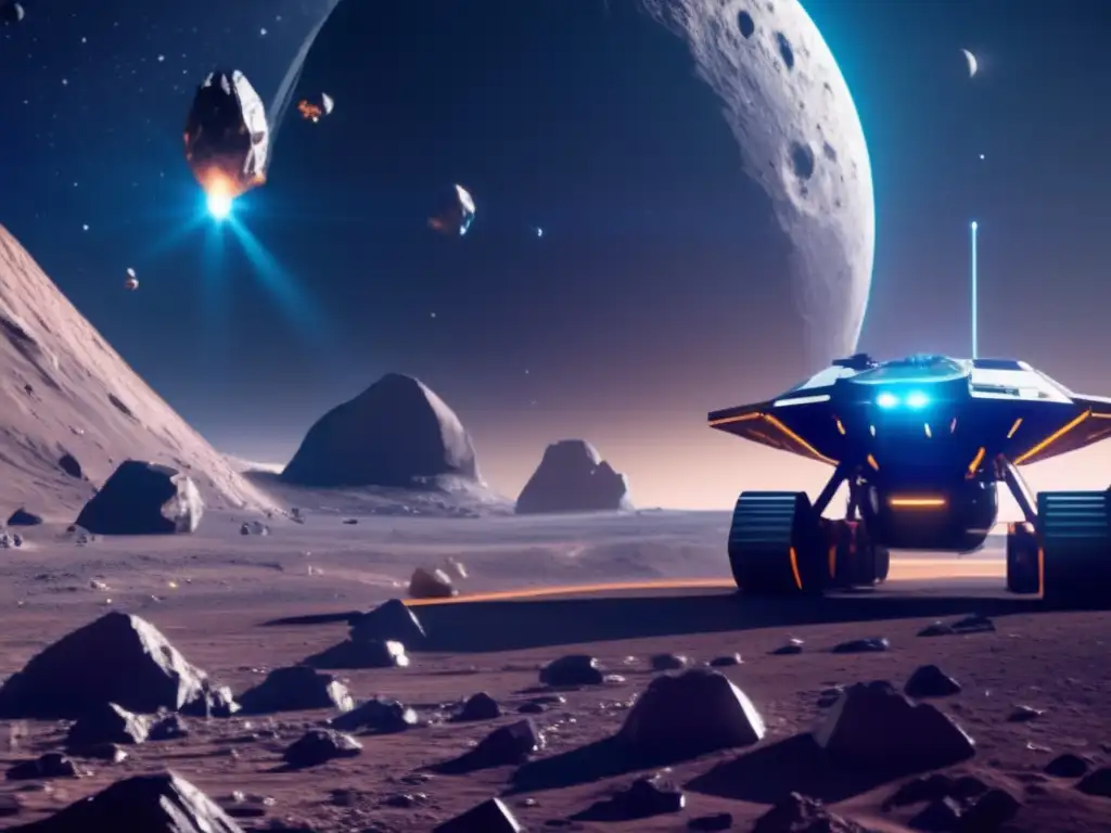 Operación minera espacial futurista en asteroide Futuro minería asteroides economía: Operación minera espacial en asteroide, drones extraen minerales en vasto espacio