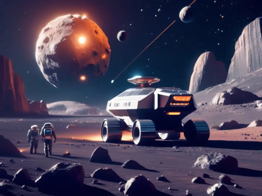 Futuro extracción minera asteroides: Operación minera futurista en un asteroide, con equipo avanzado y astronautas utilizando tecnología innovadora
